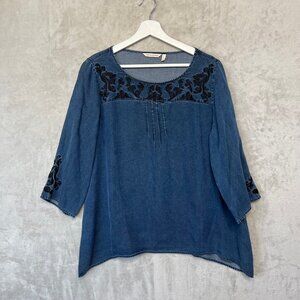 Soft Surroundings Embroidered Denim Peasant Blouse Blue L Boho Tunic Artsy